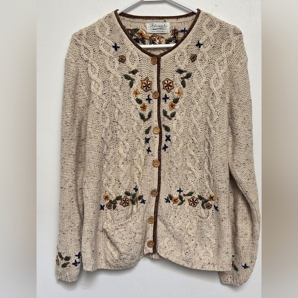 Vintage Fiberwork HandEmbroidered Floral Cream Open Button Cardigan Sweater Sz M - Picture 1 of 10